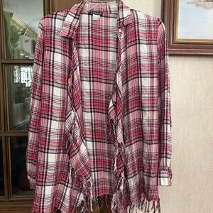 VENUS Plaid Fringe Open Cardigan